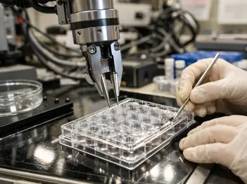 Microscope view or petri dish, scientific context showing a robotic manipulator arm hovering over