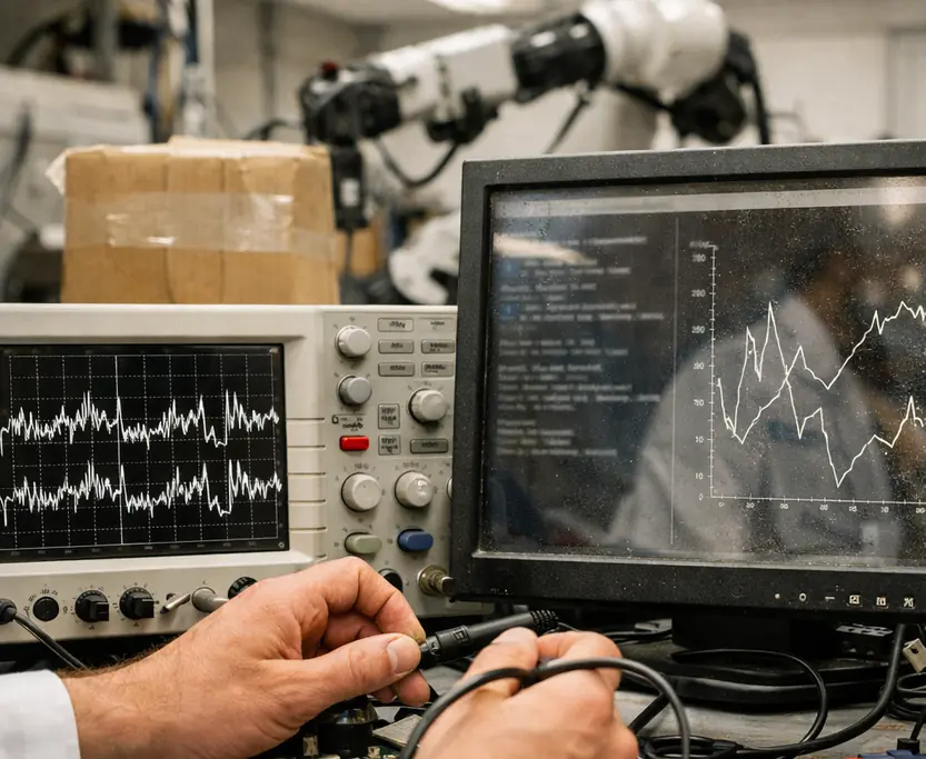 Laboratory equipment close-up, oscilloscope display showing noisy voltage lines next to a dusty LCD monitor
