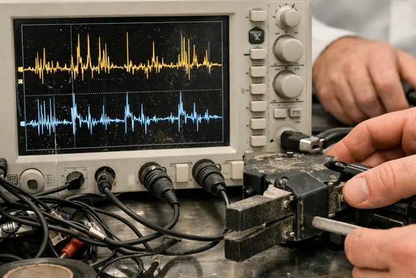 Laboratory equipment close-up, oscilloscope display showing erratic voltage spikes from a dual-arm Baxter robot test
