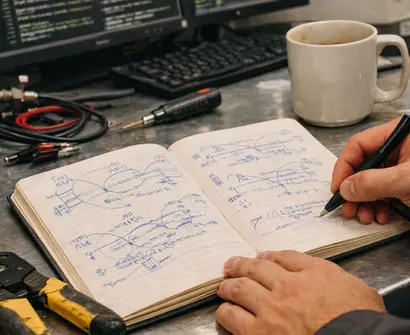 Research notebook with handwritten data, equipment background showing scribbled SST algorithm logic, specifically $\delta_s$