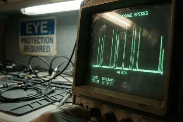 Laboratory equipment close-up, oscilloscope display plotting jagged memory usage spikes near the 40-minute mark alongside