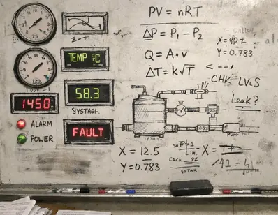 Whiteboard in lab with control panel gauges and readouts, industr sketched, dry-erase marker, messy equations,