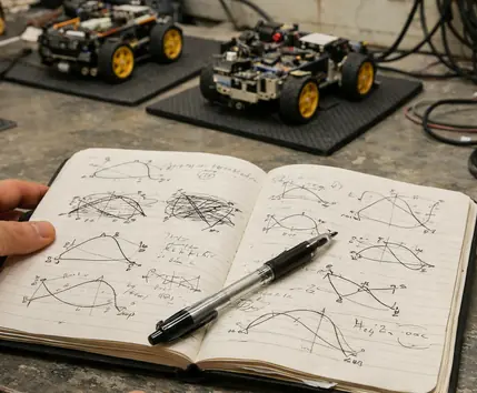 Research notebook with handwritten data, equipment background features an open logbook cluttered with scribbled Bezier