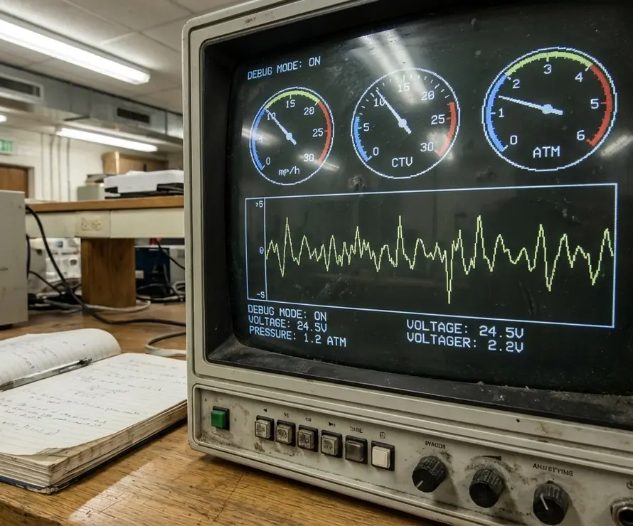 Lab notebook page with hand-drawn control panel gauges and readouts, industr, pencil sketches, messy scribbles,
