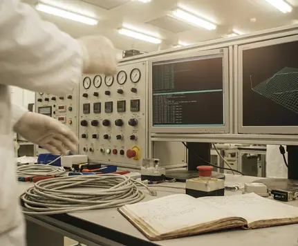 Control panel with gauges and readouts, industrial setting featuring a cluttered workstation