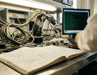 Research notebook with handwritten data, equipment background