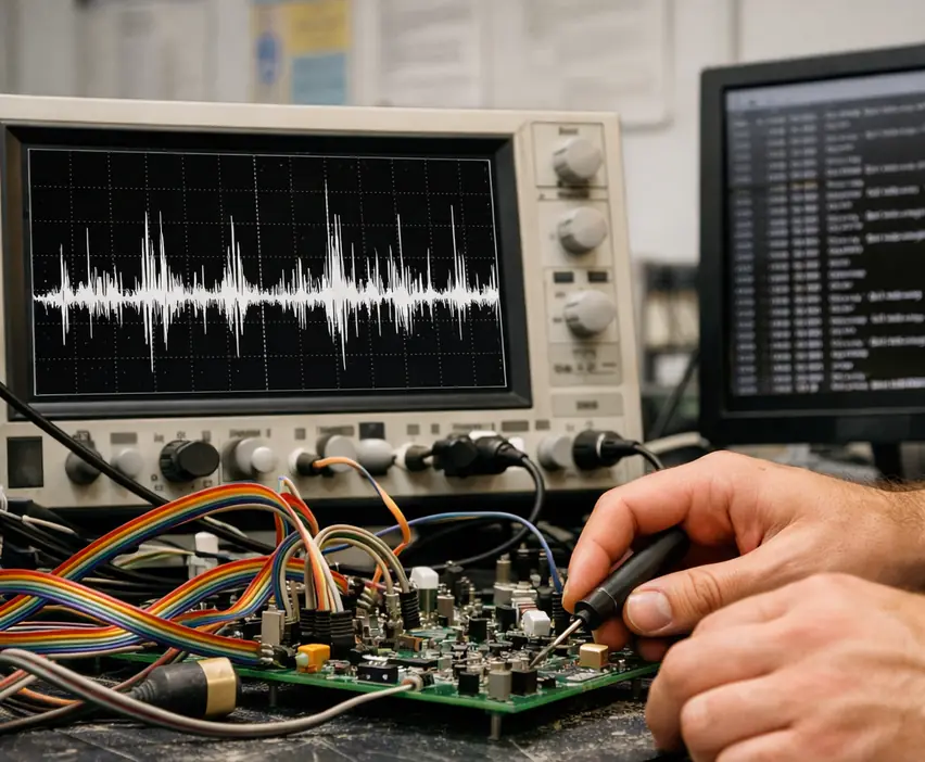 Laboratory equipment close-up, oscilloscope display tracing noisy voltage spikes from a haptic feedback controller