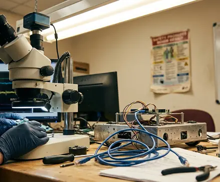 Microscope view or petri dish, scientific context showing a PCB under magnification for sensor repair