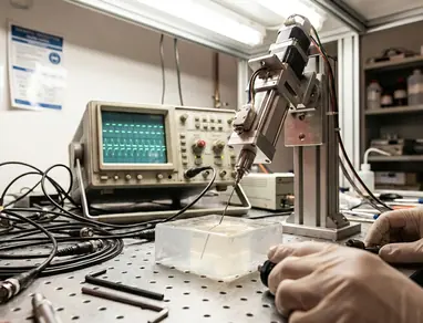 Laboratory equipment close-up, oscilloscope display showing jagged green signal traces behind a robotic actuator driving