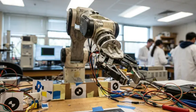 A documentary-style shot of a robotic manipulator arm in a university research lab, surrounded